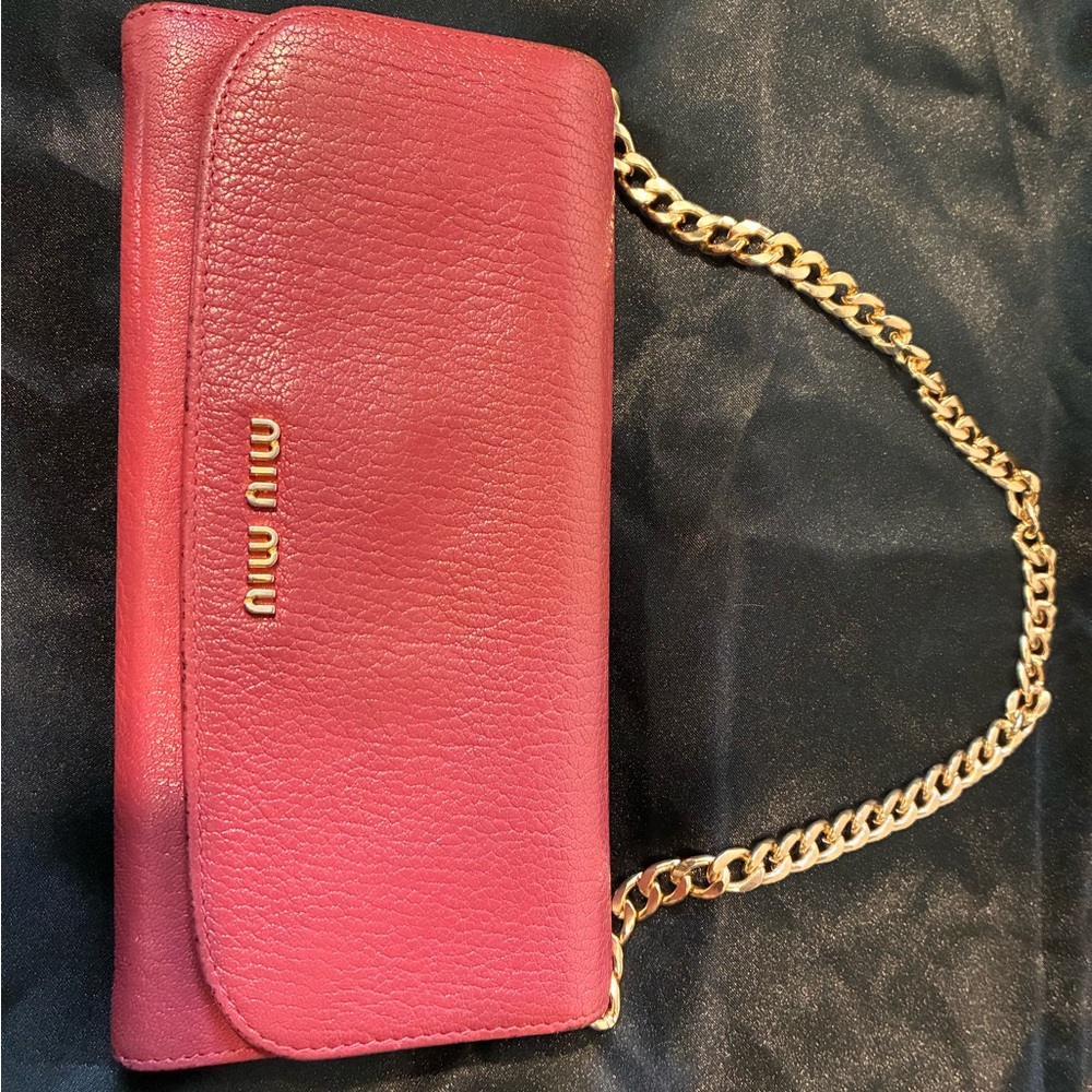 Miu Miu Rose Leather Wallet with Gold Chain